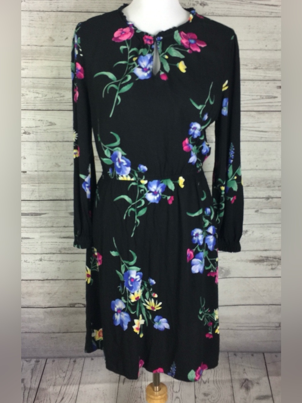 Old Navy Women's Size M Ruffle Neck Long Sleeve Black Floral Blouson Dress